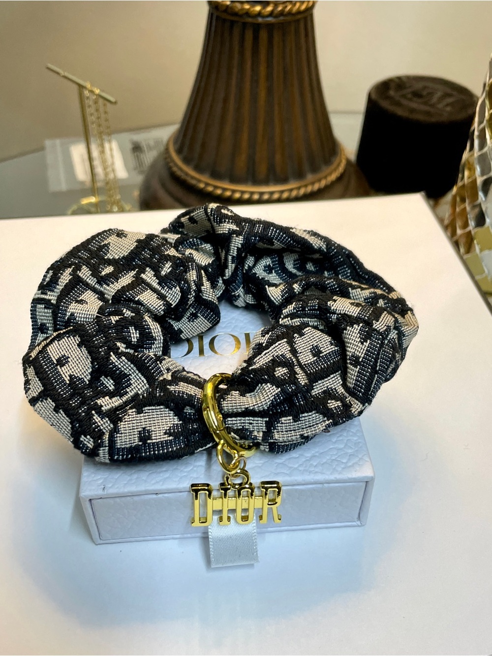 Dior Black & Beige Monogram Jacquard Hair Scrunchie with Gold DIOR Charm